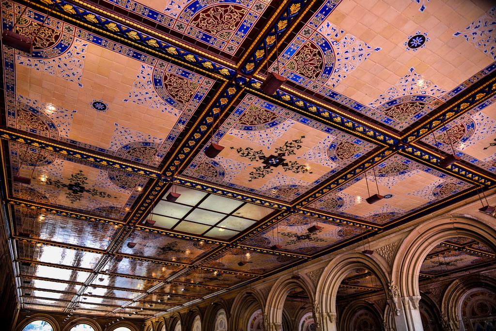 The patterned Minton tile ceiling and arches of the Bethesda Terrace arcade in Central Park, New York
