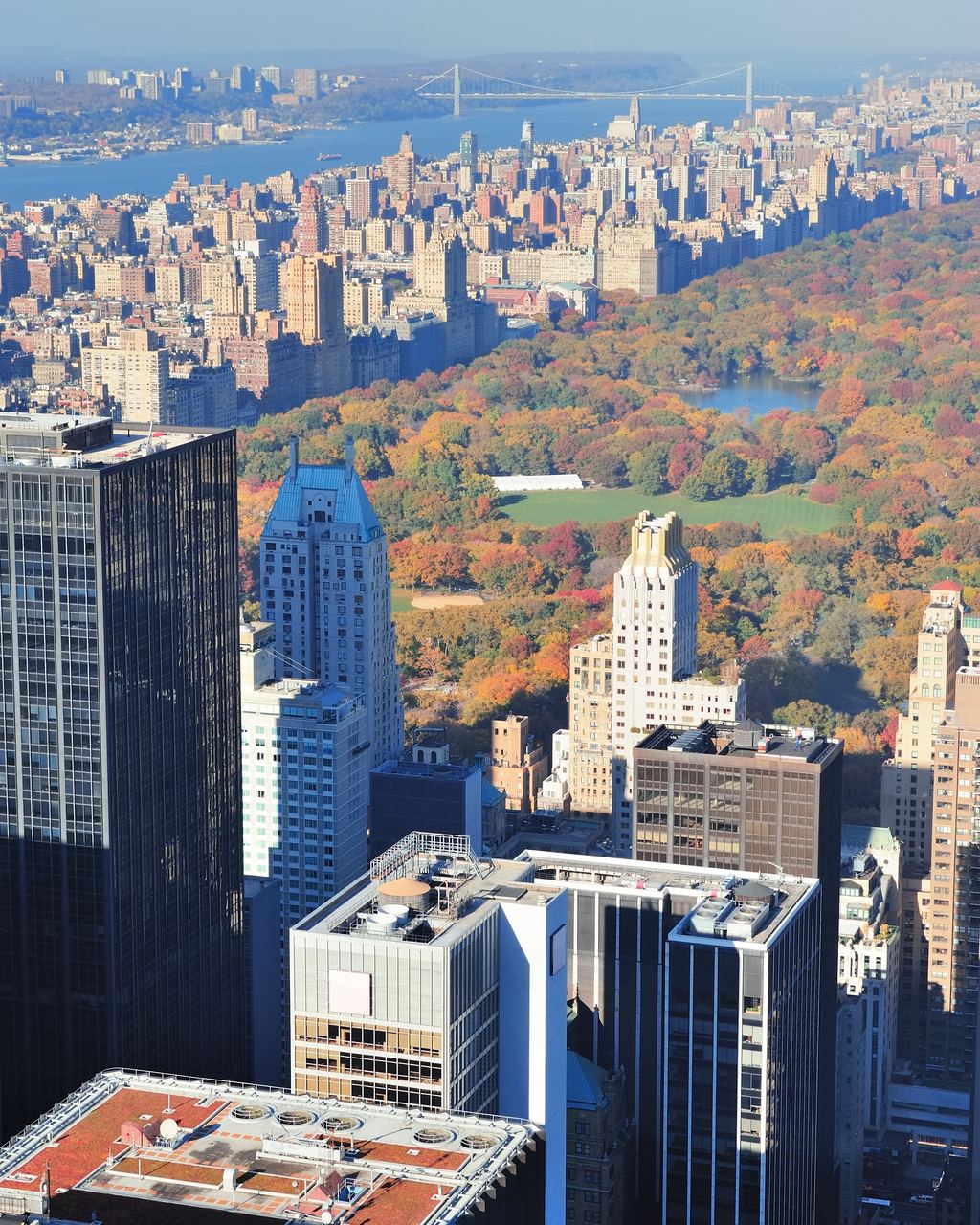 Aerial view north from a Midtown tower over Central Park in autumn colour, with the Upper West and Upper East Sides lining the park and the Hudson in the distance