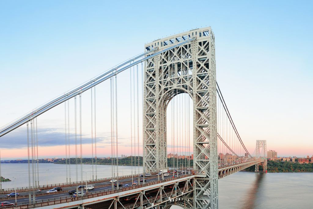 The George Washington Bridge spanning the Hudson River at sunset, northern Manhattan