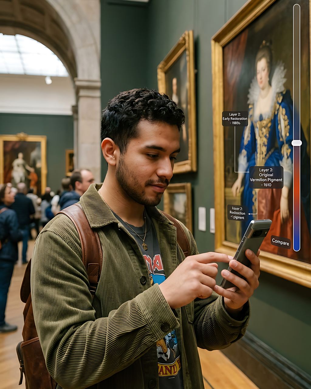 A young man using his smartphone in front of a painting in a museum gallery